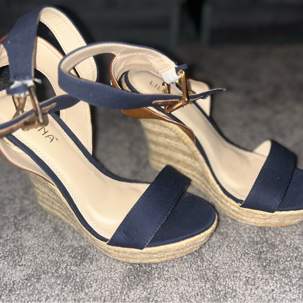 Liliana Navy and Tan Wedge Sandals (Never worn)